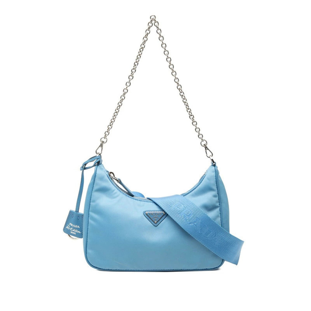 Prada Triangle Plate Chain 2way Shoulder Bag Blue Leather